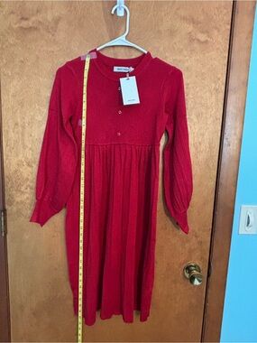Grace Karin Red Long Sleeve Knit Girls Dress with Gathered Skirt